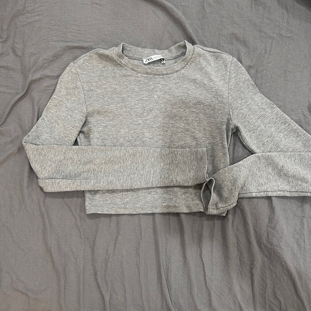 Zara Heather Gray Cropped Long-Sleeve Top